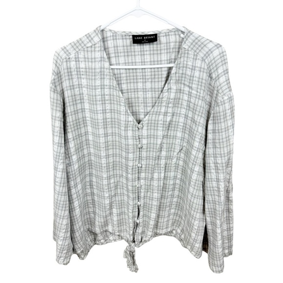 Lane Bryant Gray White Metallic Lightweight Tie Front Top - Picture 1 of 8